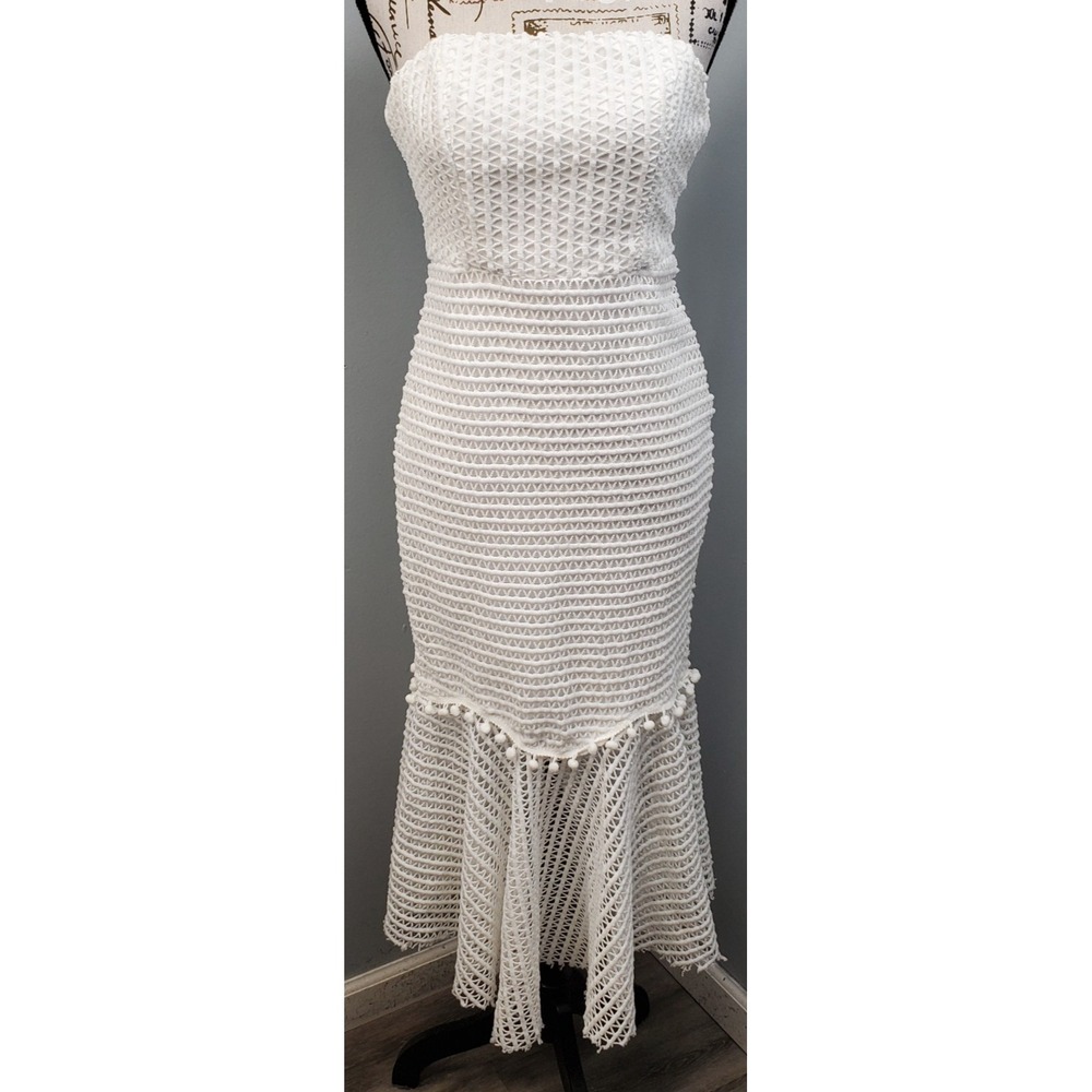 Selfie Leslie Bodycon Strapless Dress Womens M White Pom-Pom Trim Flounce Hem